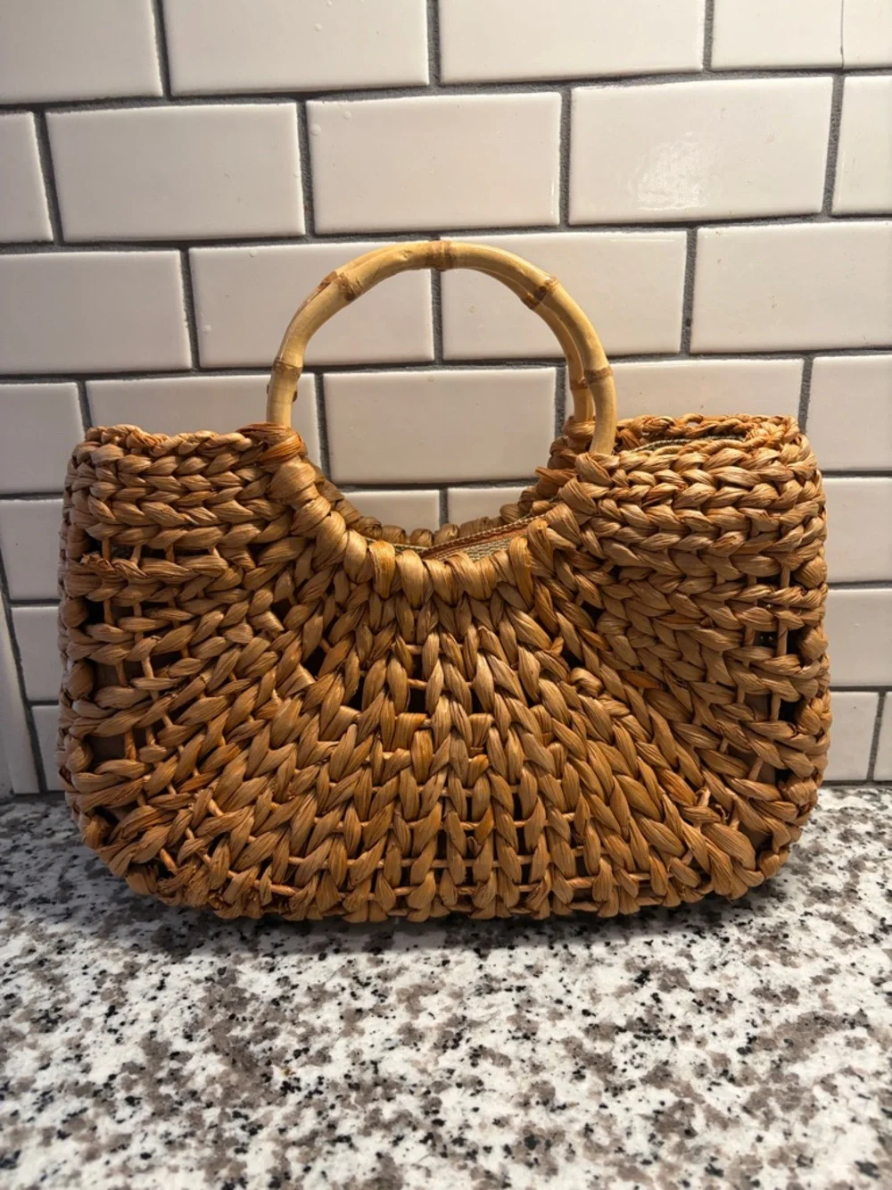 White Stag Woven Straw Tote in Natural Tan with Bamboo Handles - Picture 1 of 9
